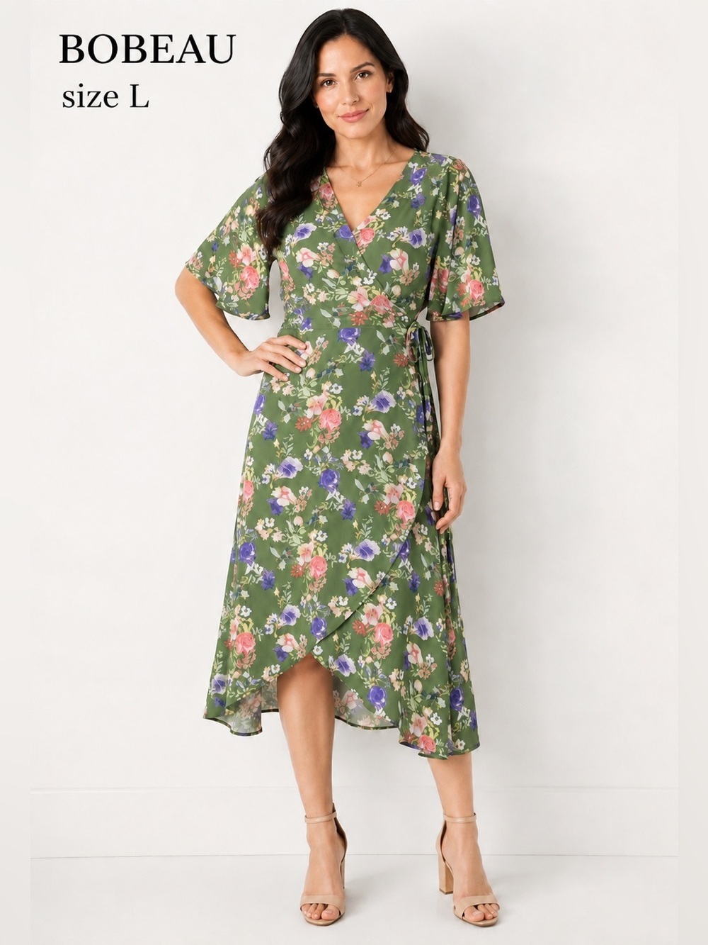 BOBEU orna wrap green floral dress feminine summer chic style size L